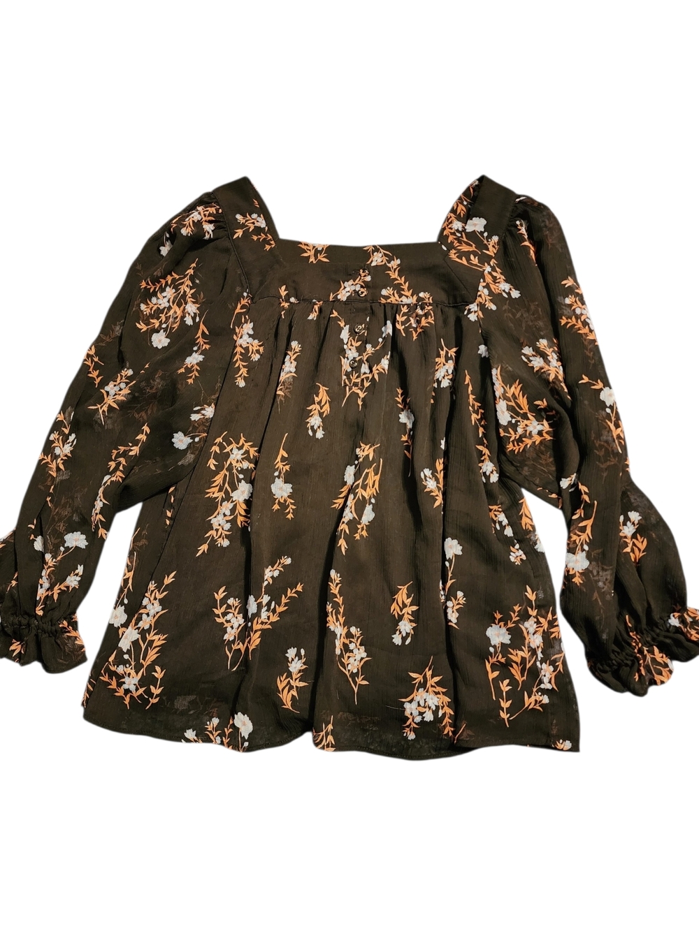 Floral Square-Neck Peasant Blouse - Olive with Orange & White Floral